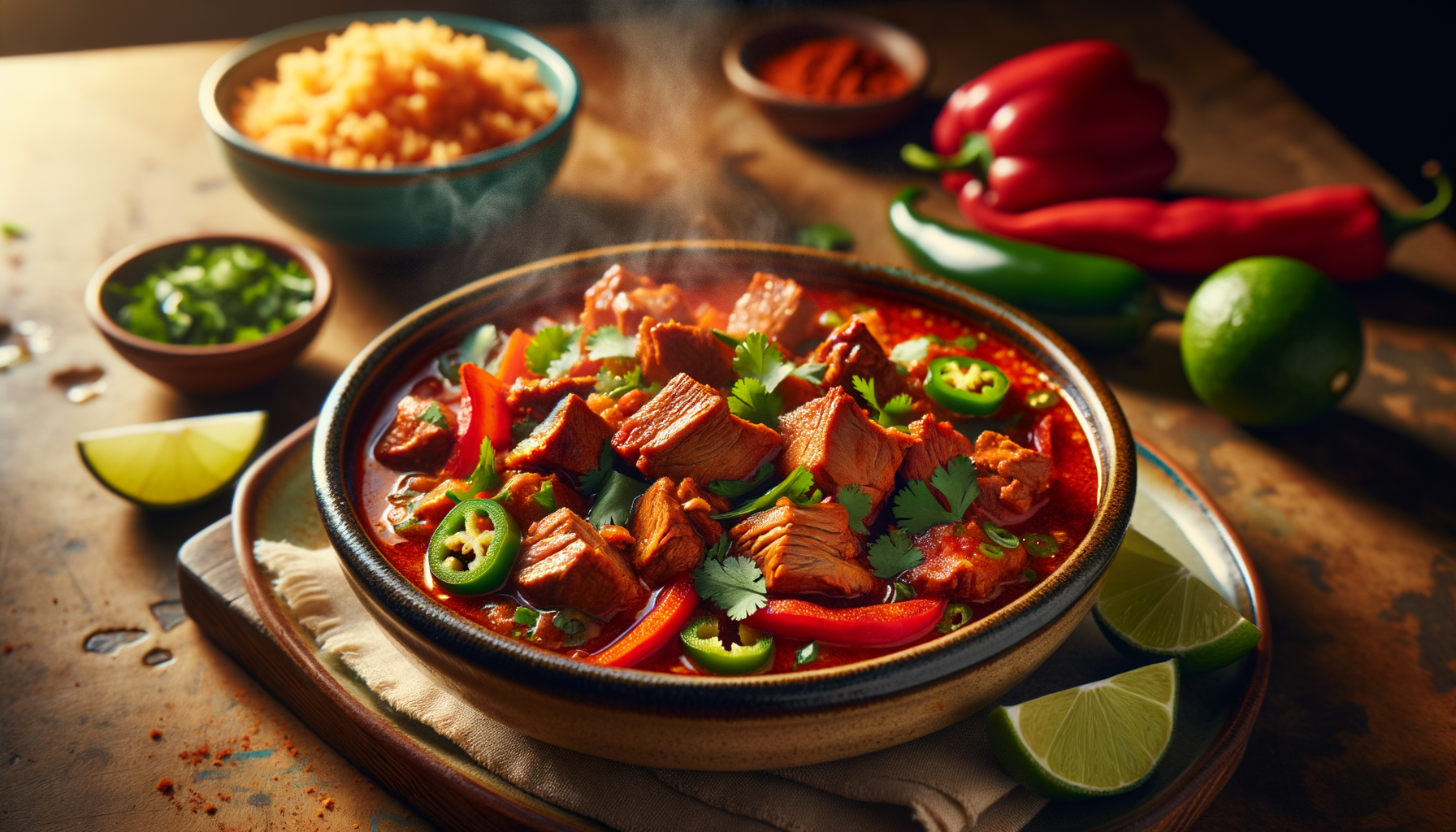 Delicious simmering spicy Mexican pork in vibrant sauce.