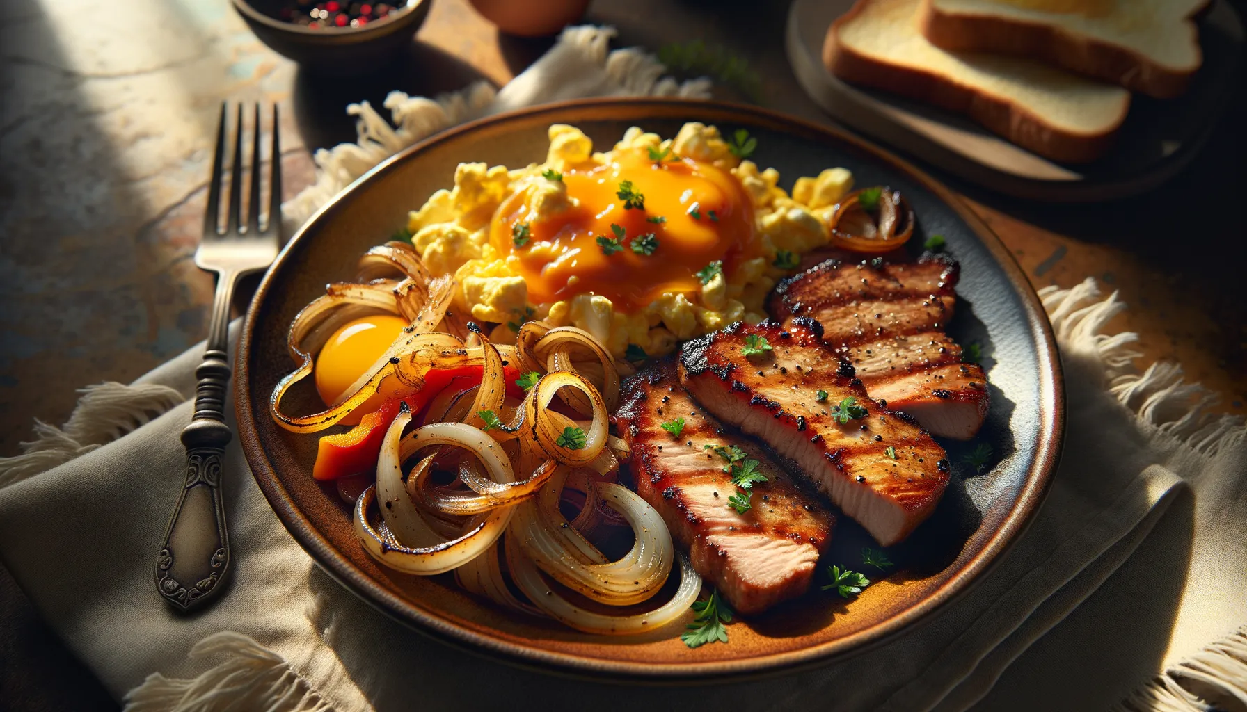 Savory high-protein breakfast featuring crispy pork and e...